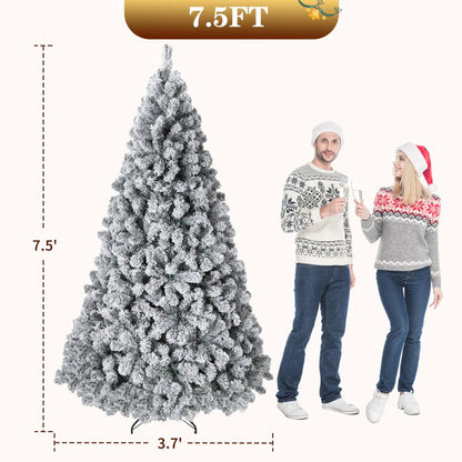 6FT/7.5FT Flocked Artificial Christmas Tree with Snowy Warm White LED Lights - Hinged Fraser Fir Holiday Decor