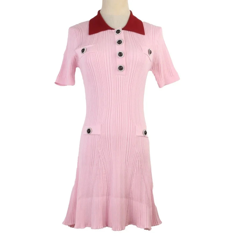 French Elegant Color Block Collar Short Sleeve Dress