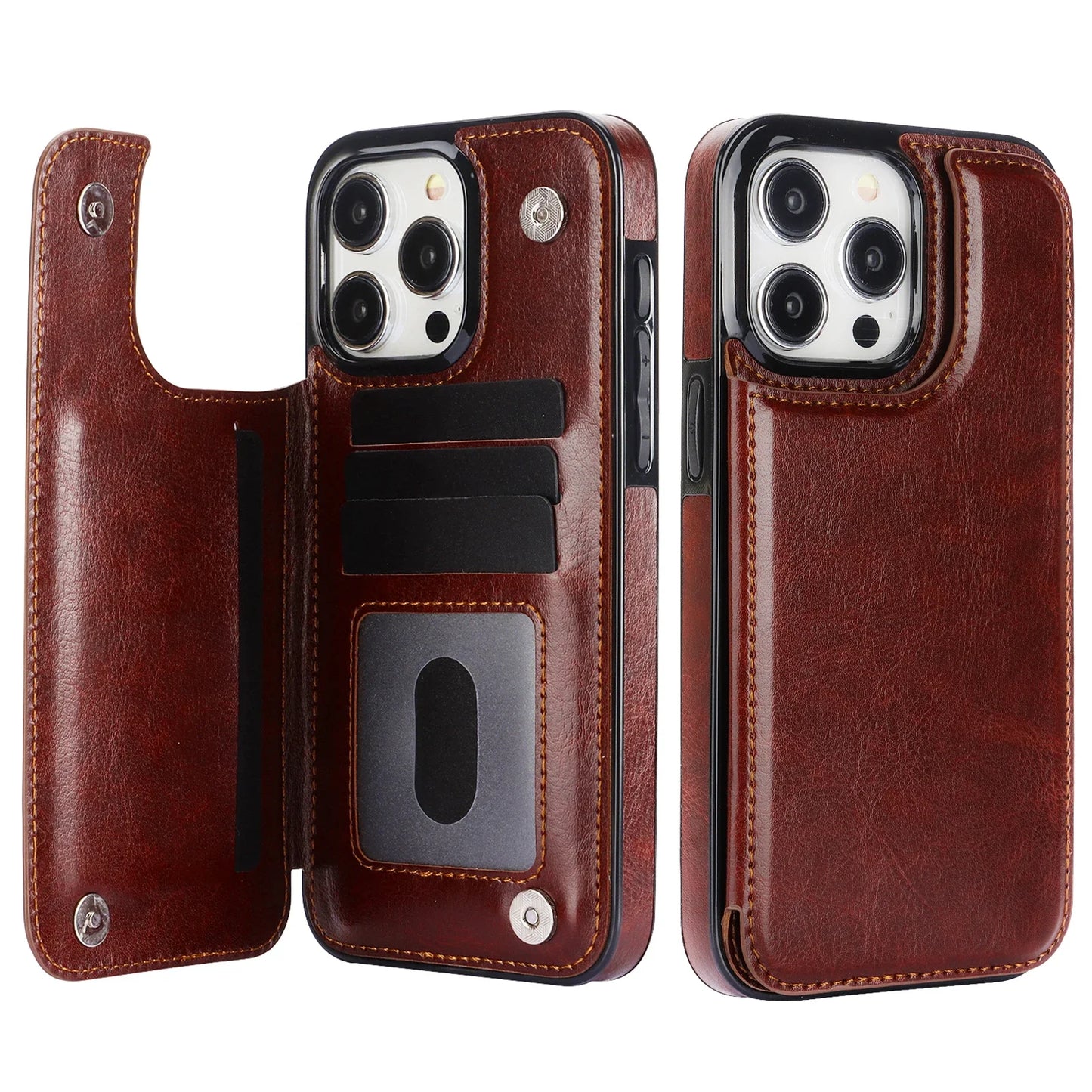 Double Button With Card Slot Stand Flip Leather Case For iPhone