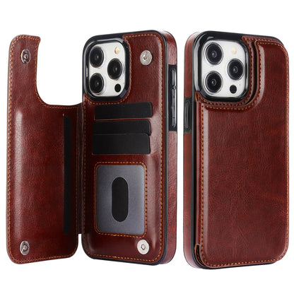 Double Button With Card Slot Stand Flip Leather Case For iPhone