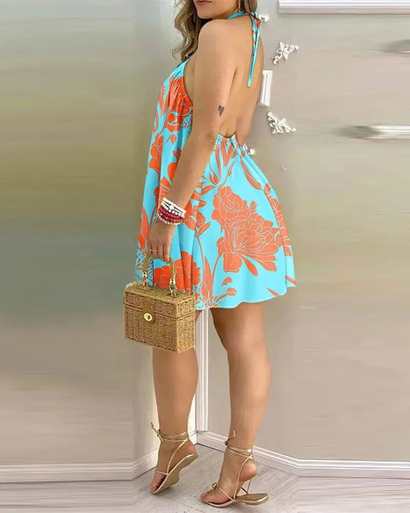 Women's Tropical Leaf Print Halter Neck Mini Dress – Sleeveless Backless Beach Sundress