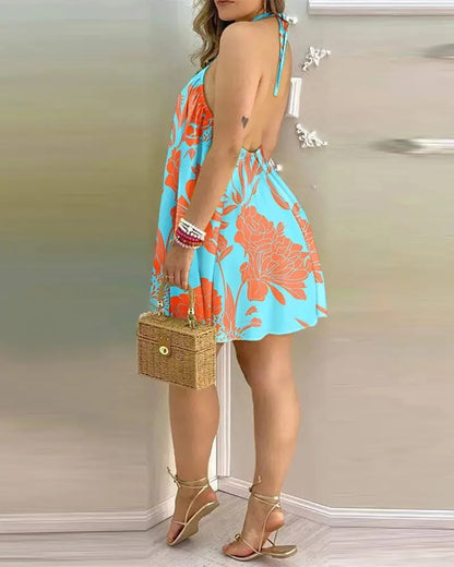 Women's Tropical Leaf Print Halter Neck Mini Dress – Sleeveless Backless Beach Sundress