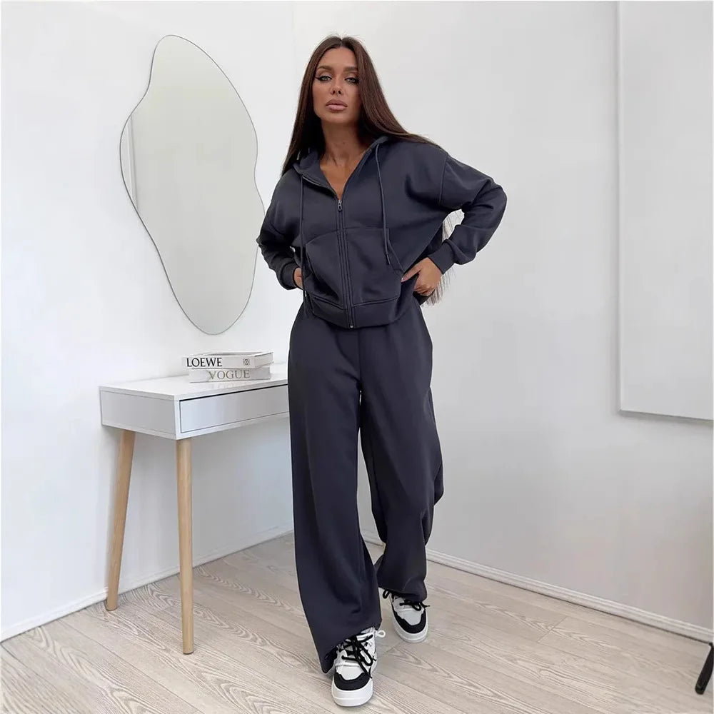 Women's Hooded Zipper Sweatshirt & Wide-Leg Pants Set