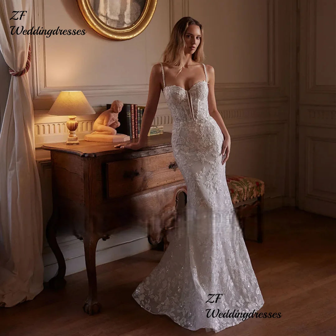 Beaded Shoulder Strapped Sequined Shiny Wedding Dress With Satin Detachable Train