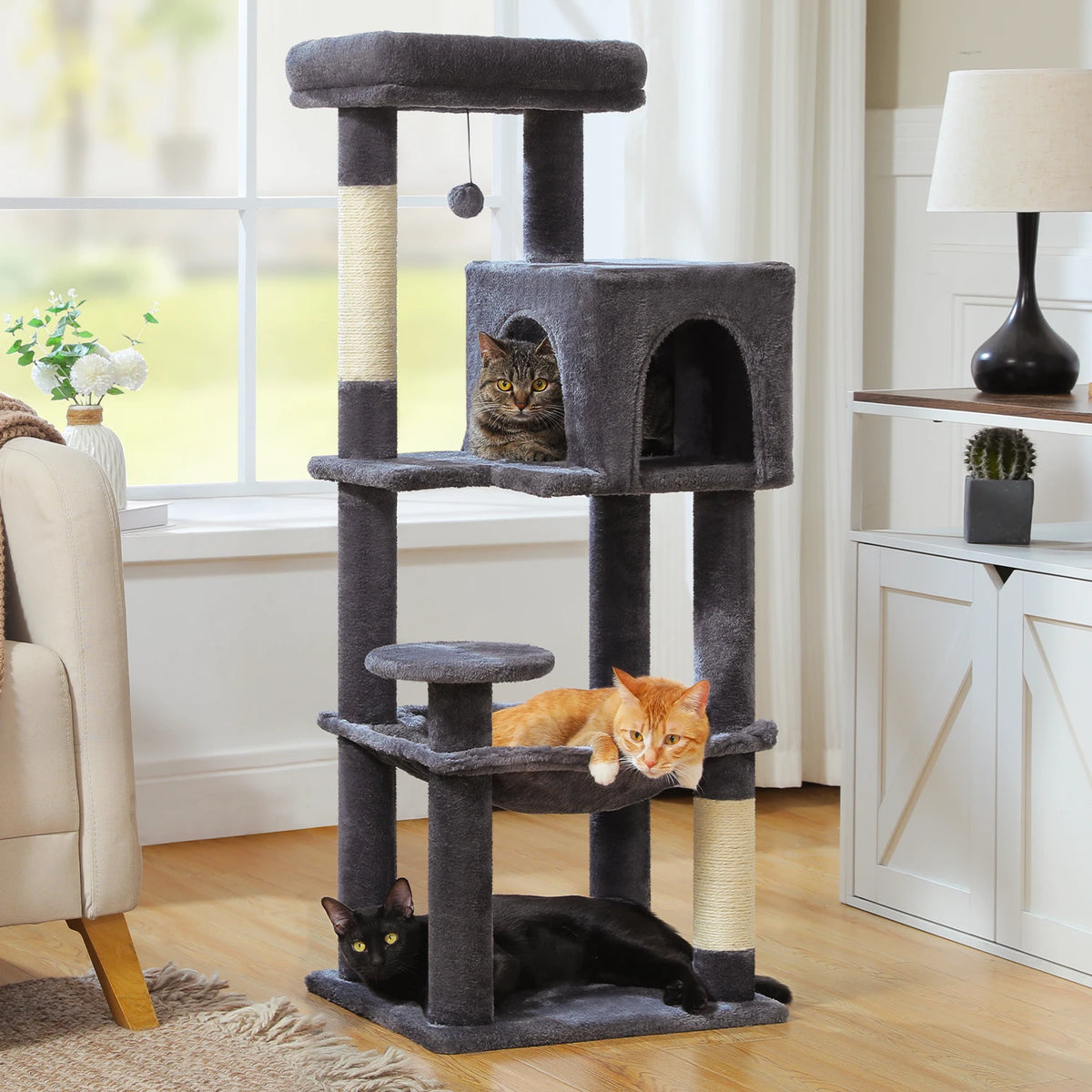 PEQULTI 5-Level Cat Tree Tower (113 cm) with Sisal Scratching Posts, Condo & Hammock