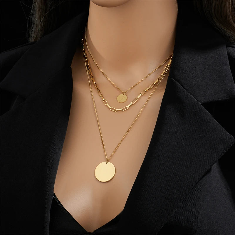 316L Stainless Steel Gold Color 3in1 Round Pendant Necklace