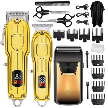 Professional Cordless Hair Clipper & Trimmer Set – USB Rechargeable Grooming Kit with LCD Display