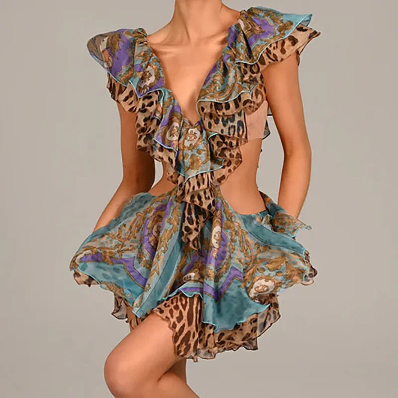 Sleeveless Pleat Ruffled Printed Mini Dress