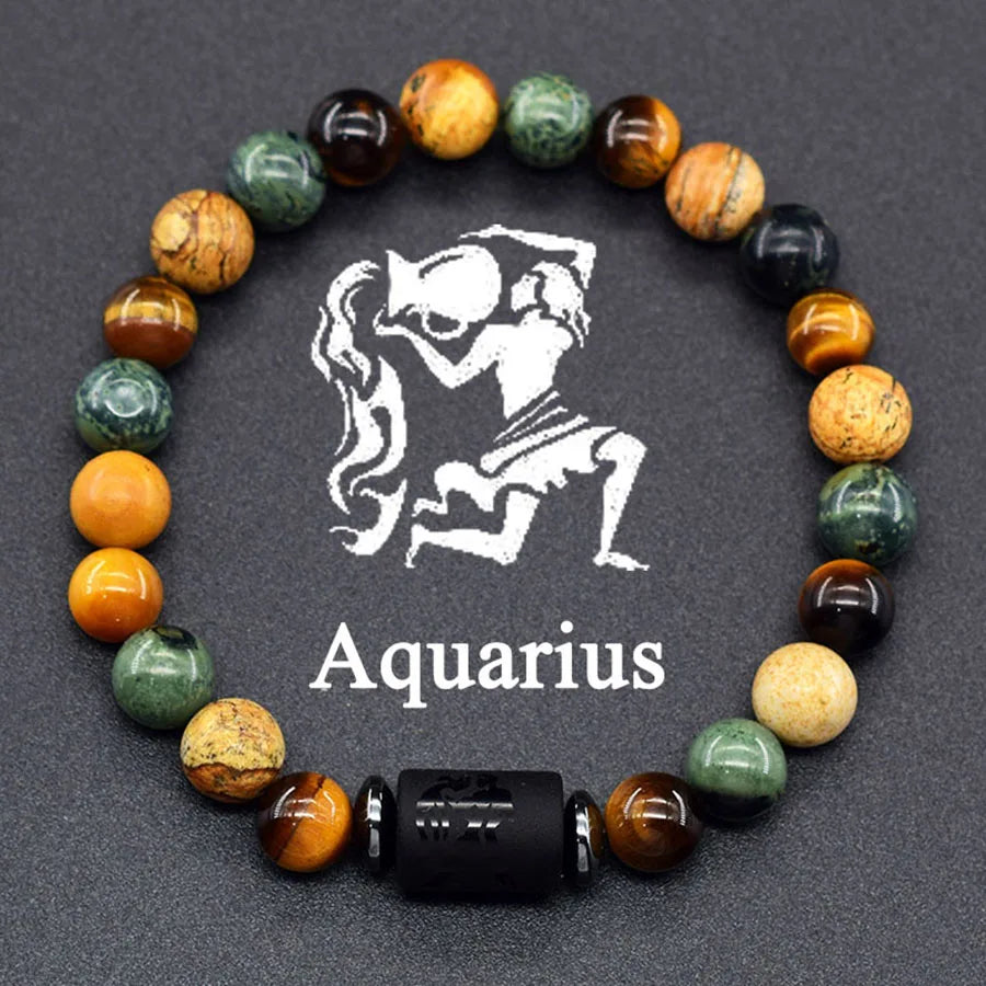 Natural Tiger Eye 12 Zodiac Bead Bracelet