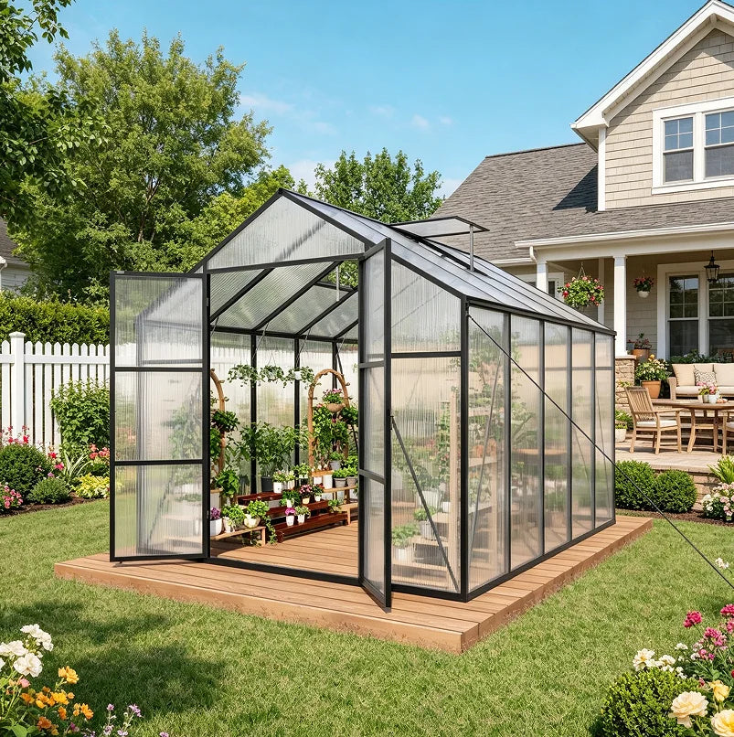SUSUA 8x10FT Polycarbonate Raised Base and Anchor Aluminum Heavy Duty Greenhouse