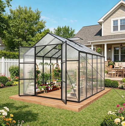SUSUA 8x10FT Polycarbonate Raised Base and Anchor Aluminum Heavy Duty Greenhouse