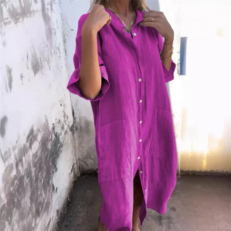 Women's Casual Loose Cotton Linen Solid Color Dress with Pockets