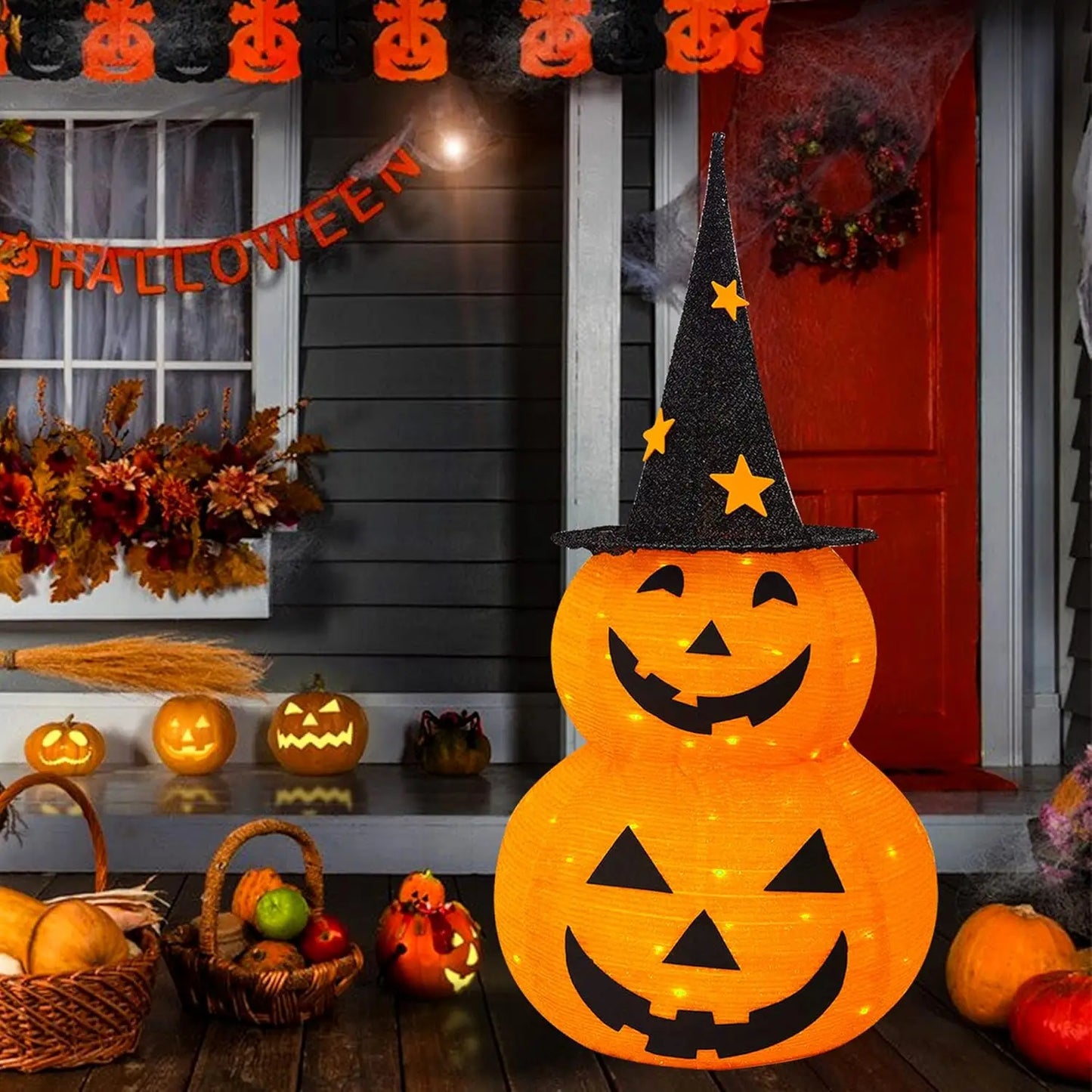 3FT Light-Up Stacked Jack-O'-Lantern Pumpkin - Collapsible Halloween Decor with 50 LED Lights & 8 Lighting Modes
