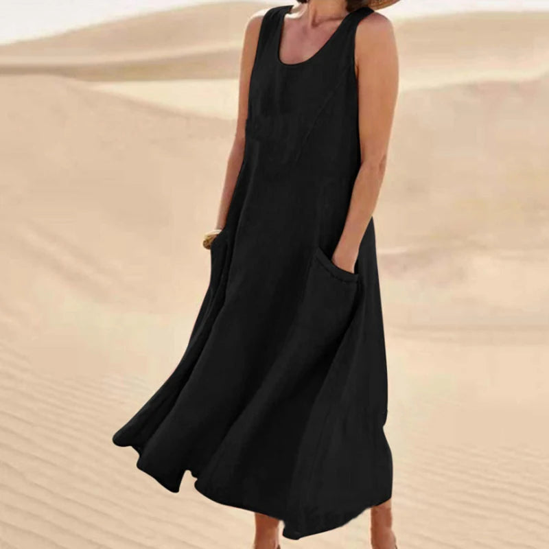 Women's Summer Cotton Linen Sleeveless Loose Maxi Dress with Pockets