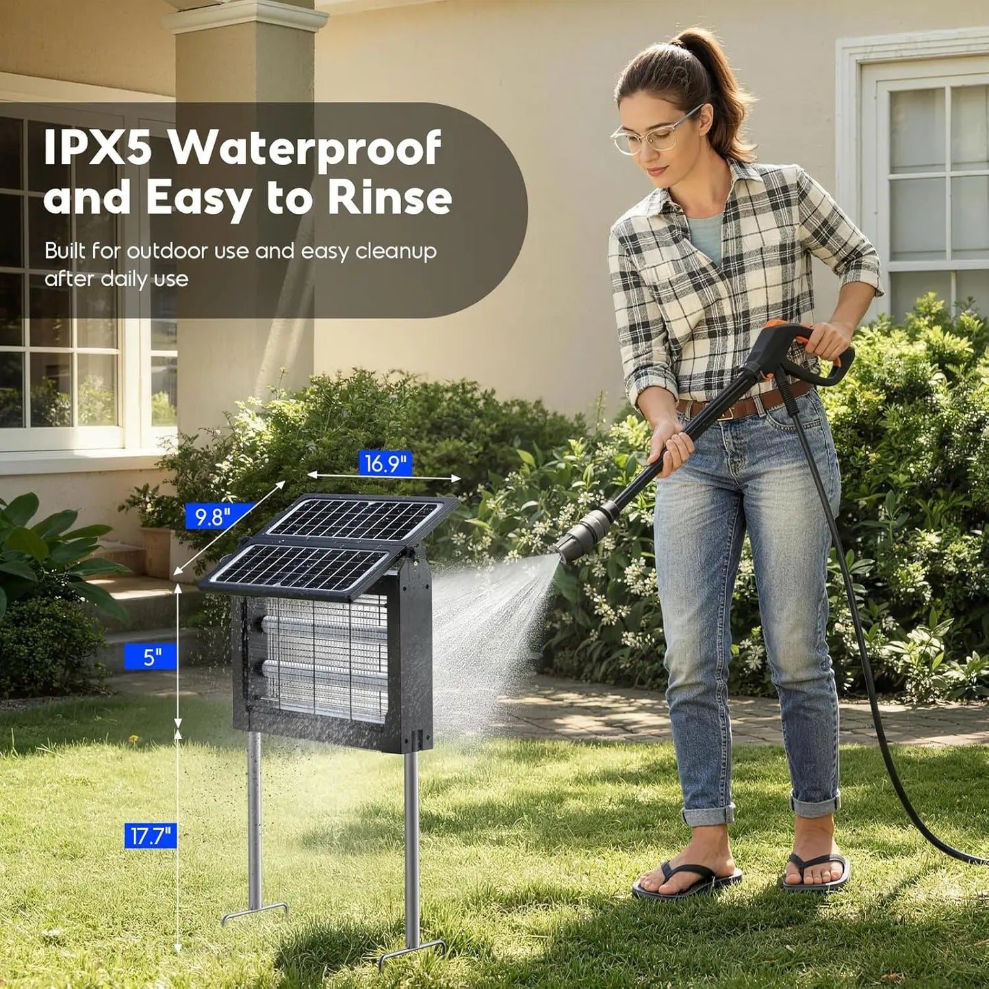 Outdoor Solar Bug Zapper with Dual Solar Panels & USB Charging