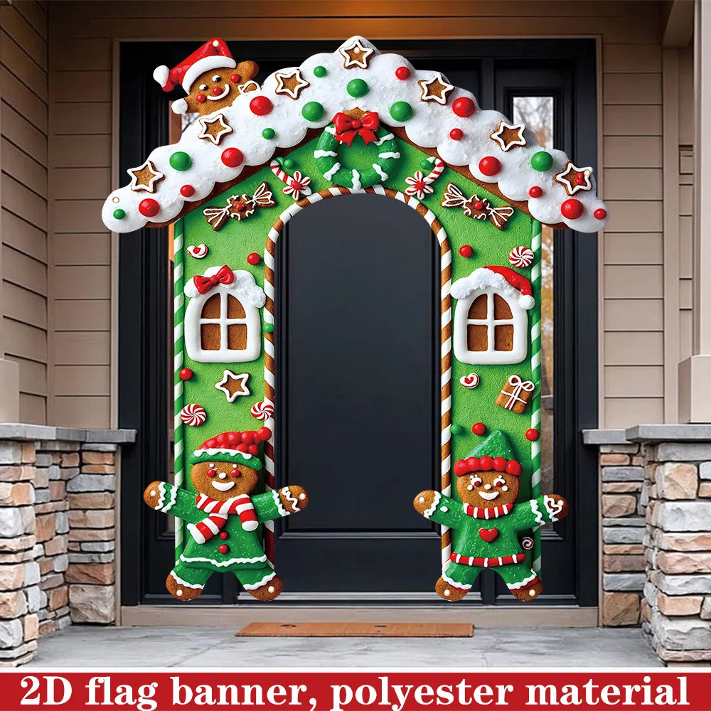 2D FLAT 1Pc Green Christmas Gingerbread House Outdoor Door Banner - Polyester Fabric Photo Backdrop