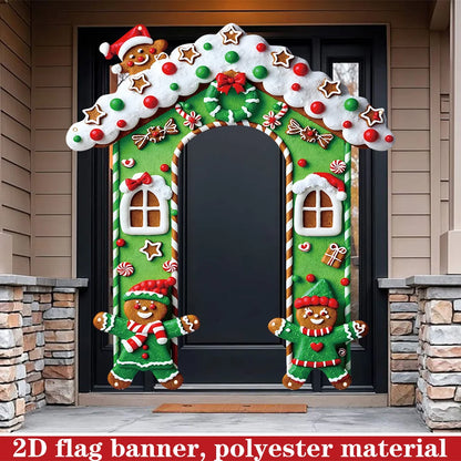 2D FLAT 1Pc Green Christmas Gingerbread House Outdoor Door Banner - Polyester Fabric Photo Backdrop