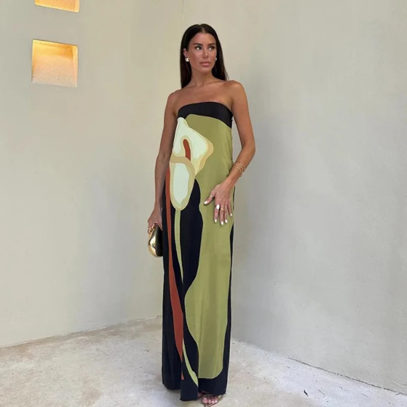 Strapless Printed Long Sleeveless Off Shoulder Dress