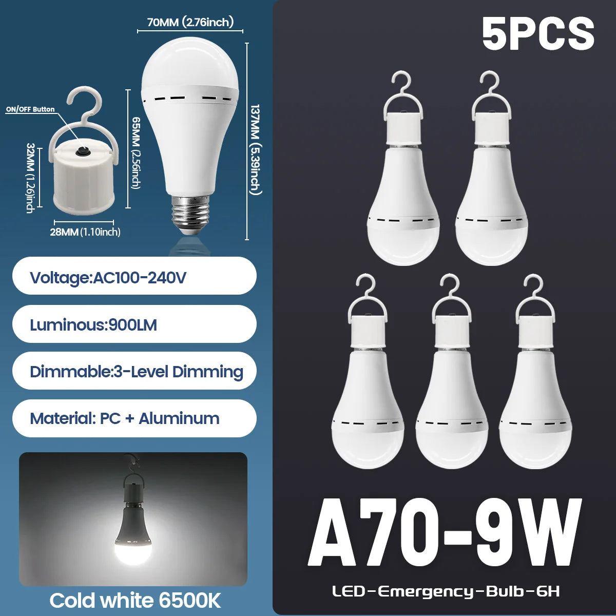 9W Rechargeable Emergency LED Light Bulb with 1500mAh Backup Battery