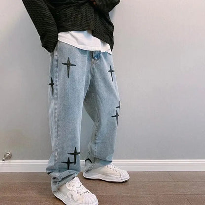 Men's Wide-Leg Loose Fit Jeans - High Street Straight Casual Denim Trousers