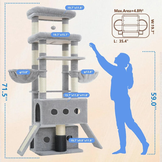 71.5" Multi-Level Cat Tree Tower with Extra Large Platform, Condos & Hammocks