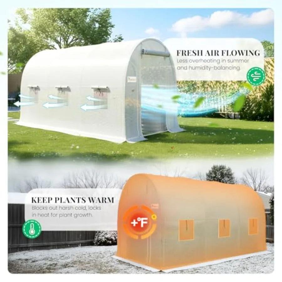 Greenhouse with Galvanized Steel Frame White Plastic Cover Green Screen Mesh Door and Upgraded Zippered Window