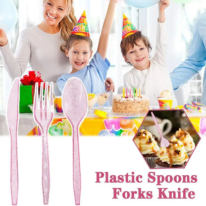 48-Piece Pastel Plastic Cutlery Set - Reusable Spoons, Forks & Knives