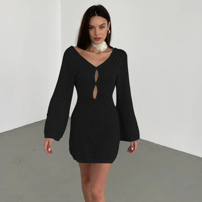 Women's Deep V-Neck Backless Knit Beach Cover-Up Dress