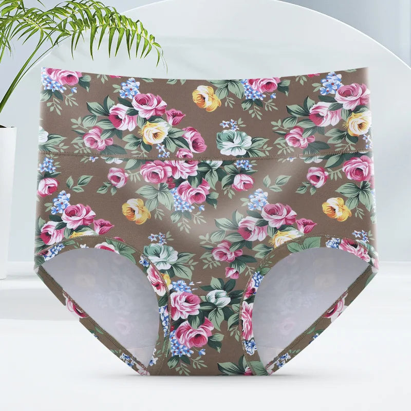 3-Pack Women's Floral Print High-Waisted Briefs - Plus Size Breathable Cotton Panties