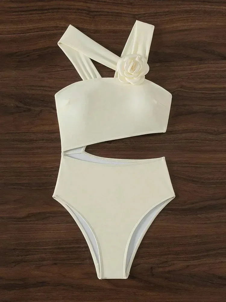 3D Flower Accented One-shoulder Bathing Suit