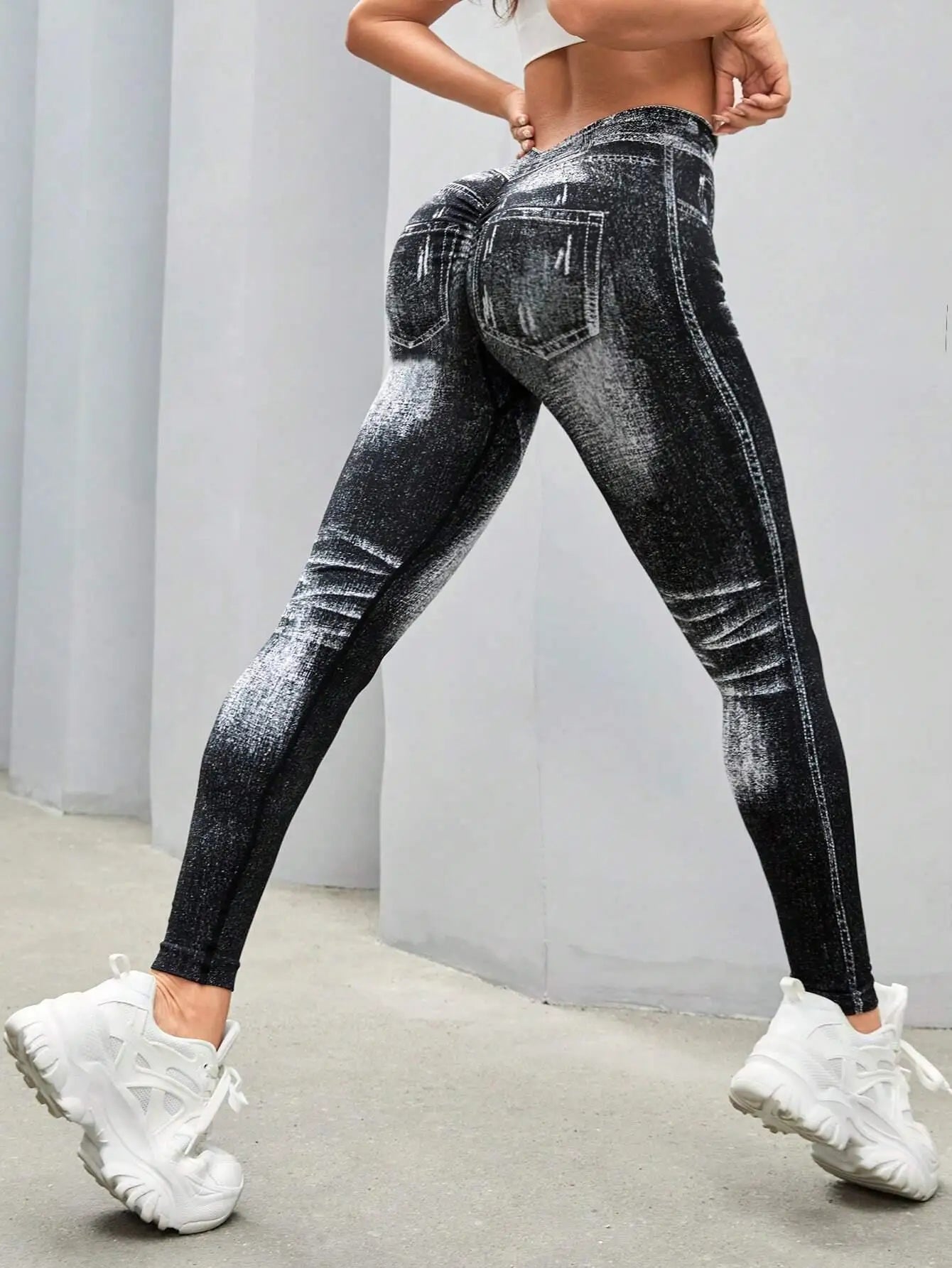 Women's V-Back High-Waisted Faux Denim Jeggings – Tummy Control & Booty Lifting
