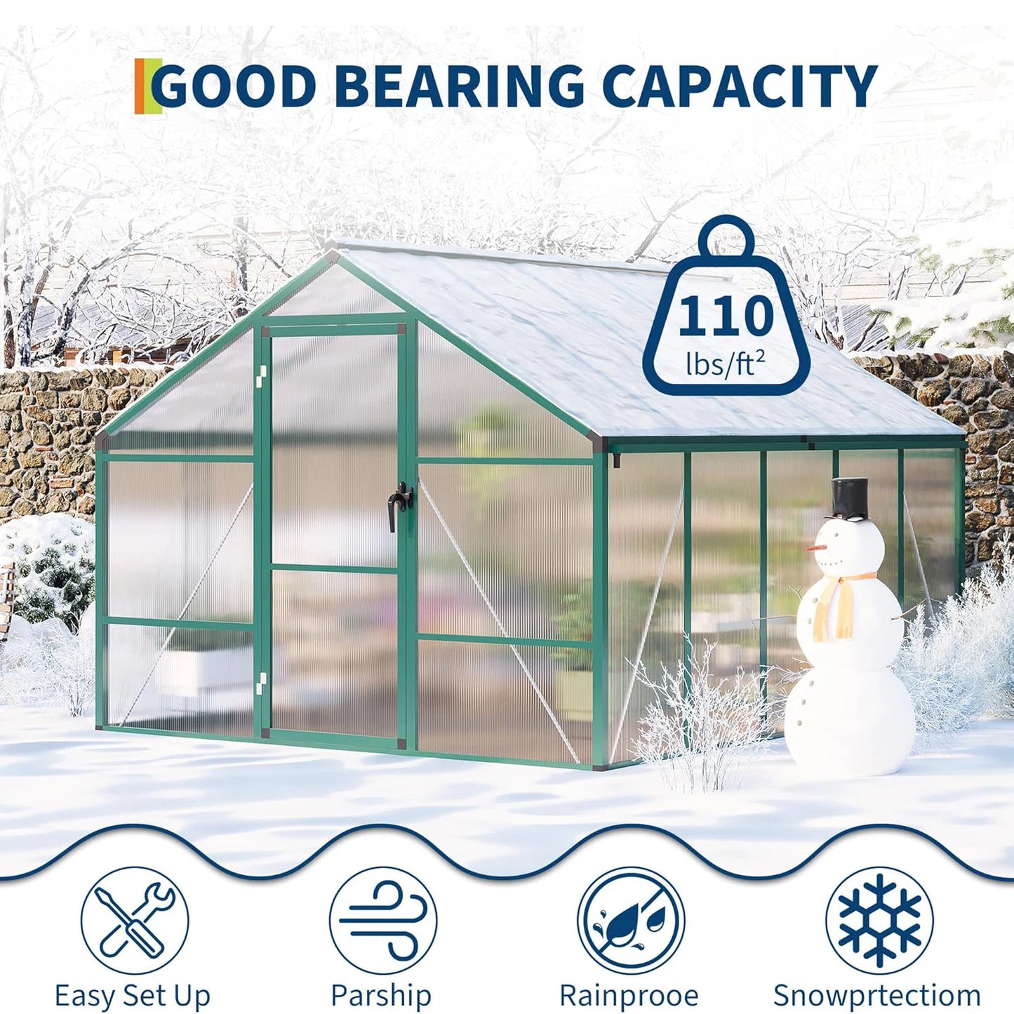8x10FT Walk-in Polycarbonate Greenhouse with Roof Vent, Ground Nails, Lockable Push Door