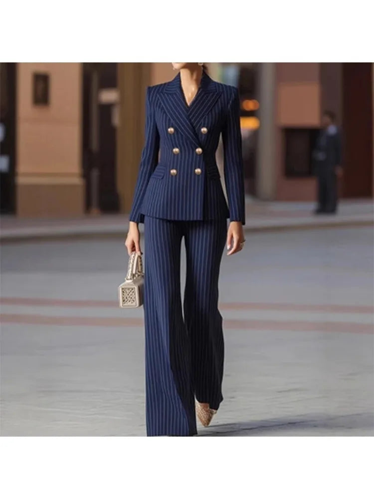 Women's Elegant Striped Double-Breasted Blazer & Wide-Leg Pants 2-Piece Suit Set