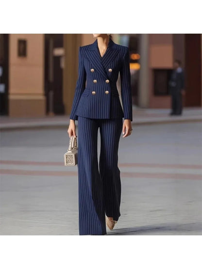 Women's Elegant Striped Double-Breasted Blazer & Wide-Leg Pants 2-Piece Suit Set