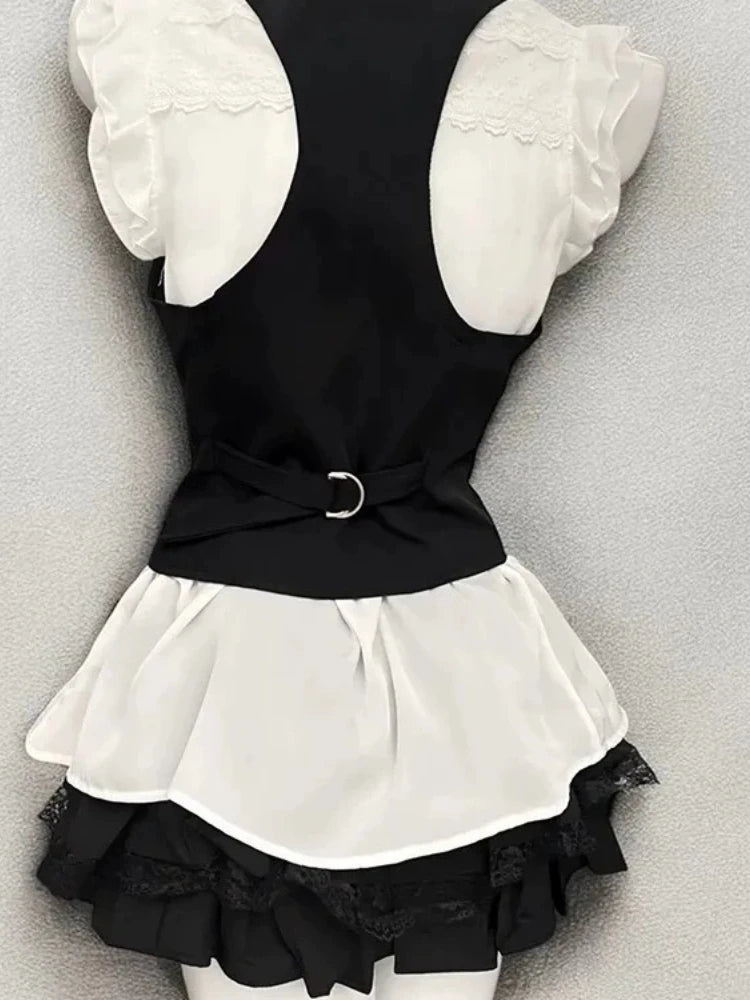 Retro Chic Bubble Sleeve Shirt + Slim Vest + Short Cake Skirt 3 Piece Set