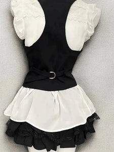 Retro Chic Bubble Sleeve Shirt + Slim Vest + Short Cake Skirt 3 Piece Set