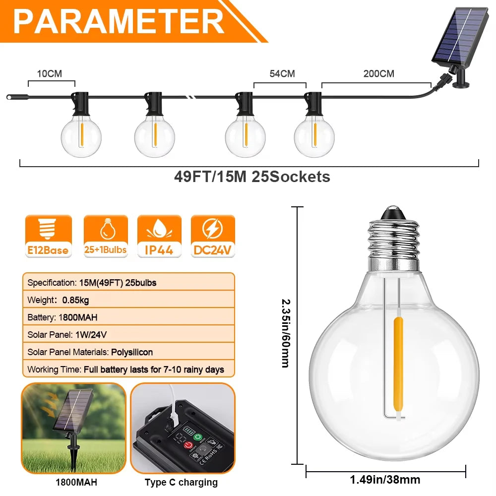 G40 Outdoor Solar String Lights with Remote & Shatterproof Bulbs