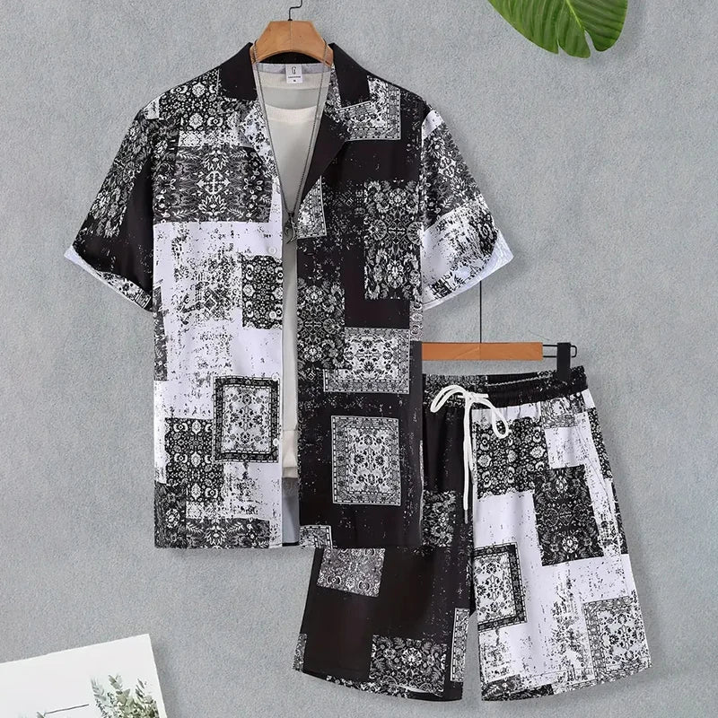 Men's Tropical Hawaiian Printed Short Sleeve Shirt & Shorts 2-Piece Suit Set
