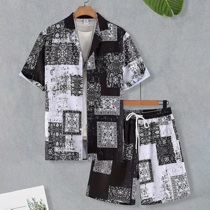 Men's Tropical Hawaiian Printed Short Sleeve Shirt & Shorts 2-Piece Suit Set