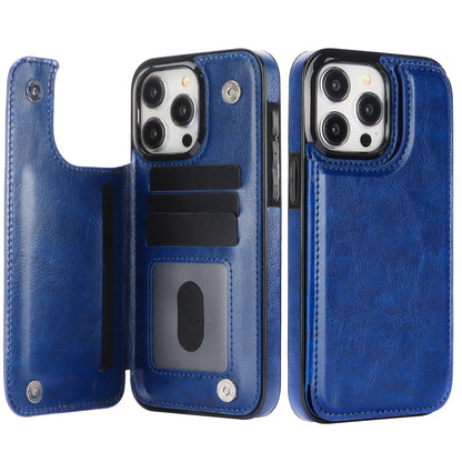 Double Button With Card Slot Stand Flip Leather Case For iPhone