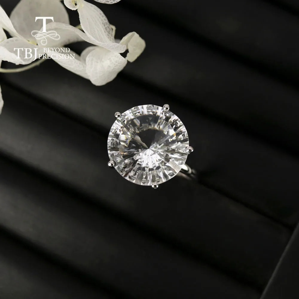 14K White Gold Natural White Quartz Gemstone Ring - 15mm Round Cut Solitaire