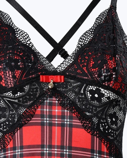 Women’s Plaid Print Crisscross Backless Sleep Dress – Contrast Lace Camisole Nightgown