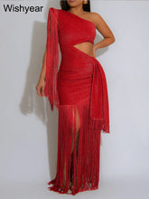 One-Shoulder Tasseled Sleeveless Long Dress