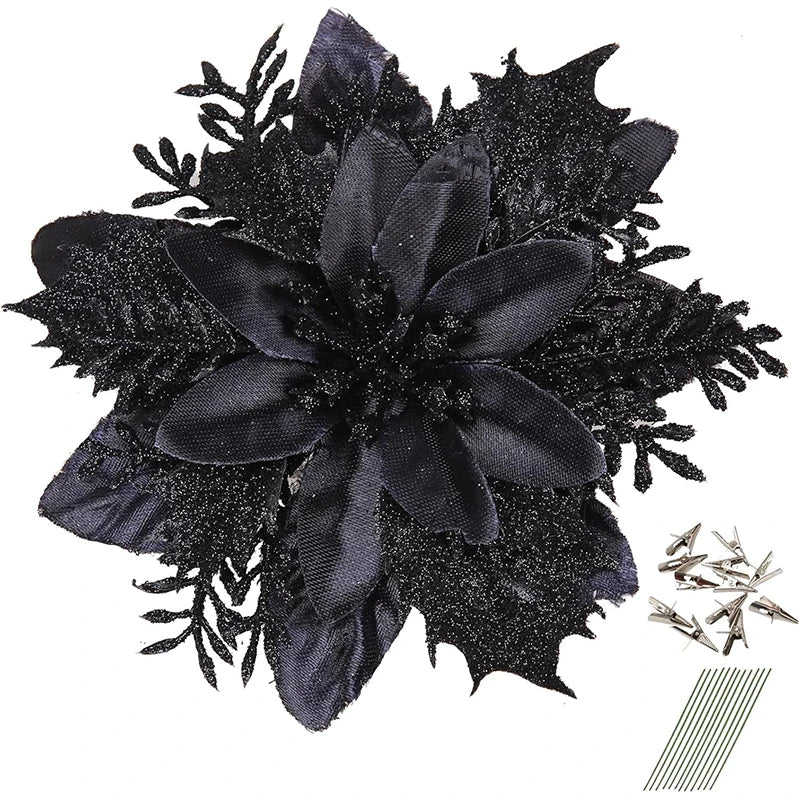18Pcs Glitter Artificial Christmas Flowers With Clips