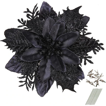 18Pcs Glitter Artificial Christmas Flowers With Clips