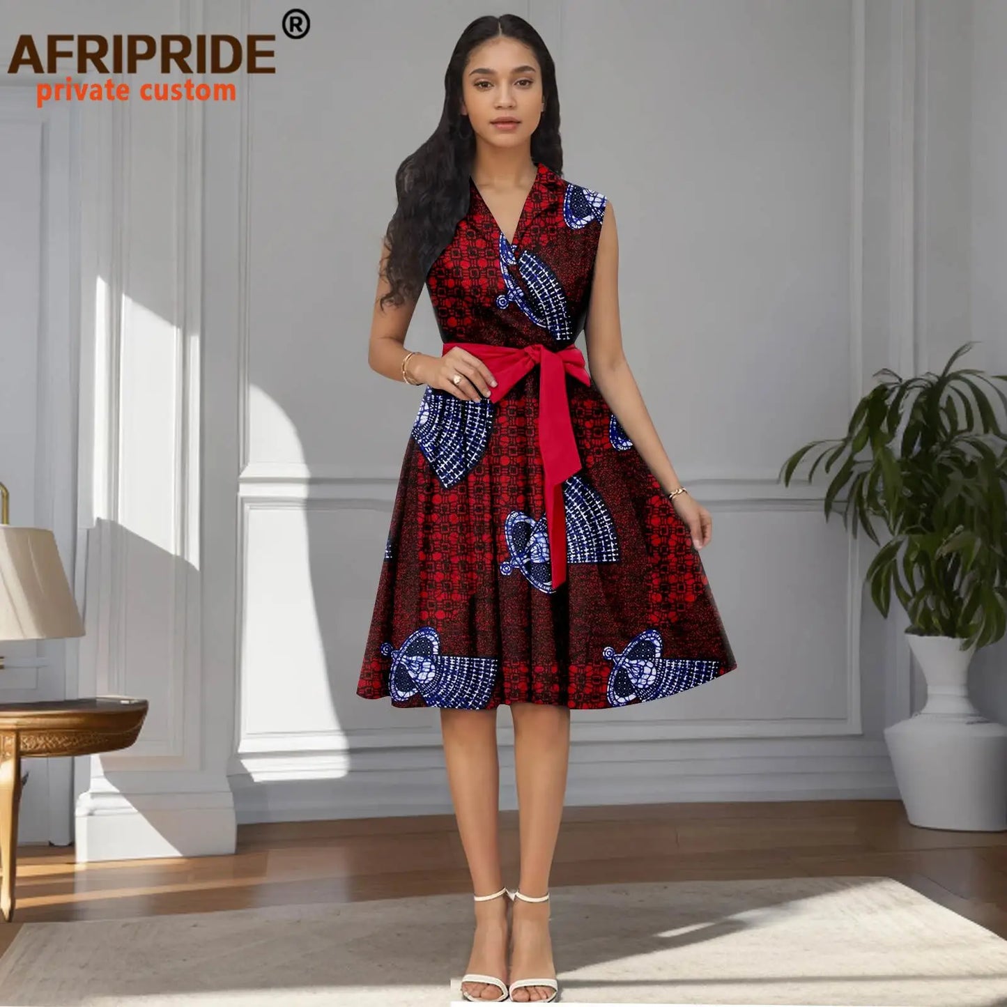 Designer Print Sleeveless High Waist Dress with Sash