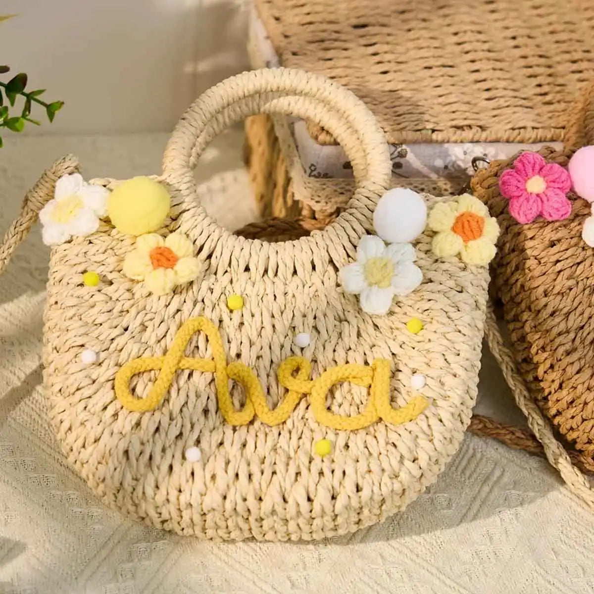 Personalized Hand-Woven Straw Tote Bag – Custom Embroidered Beach & Vacation Crossbody Bag