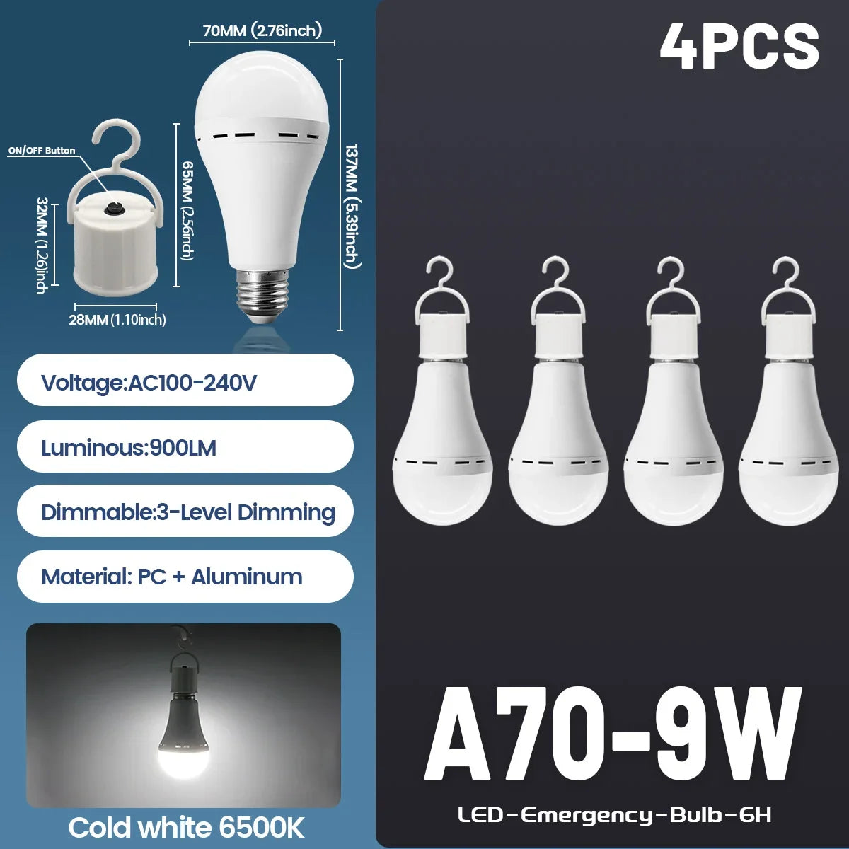 9W Rechargeable Emergency LED Light Bulb with 1500mAh Backup Battery