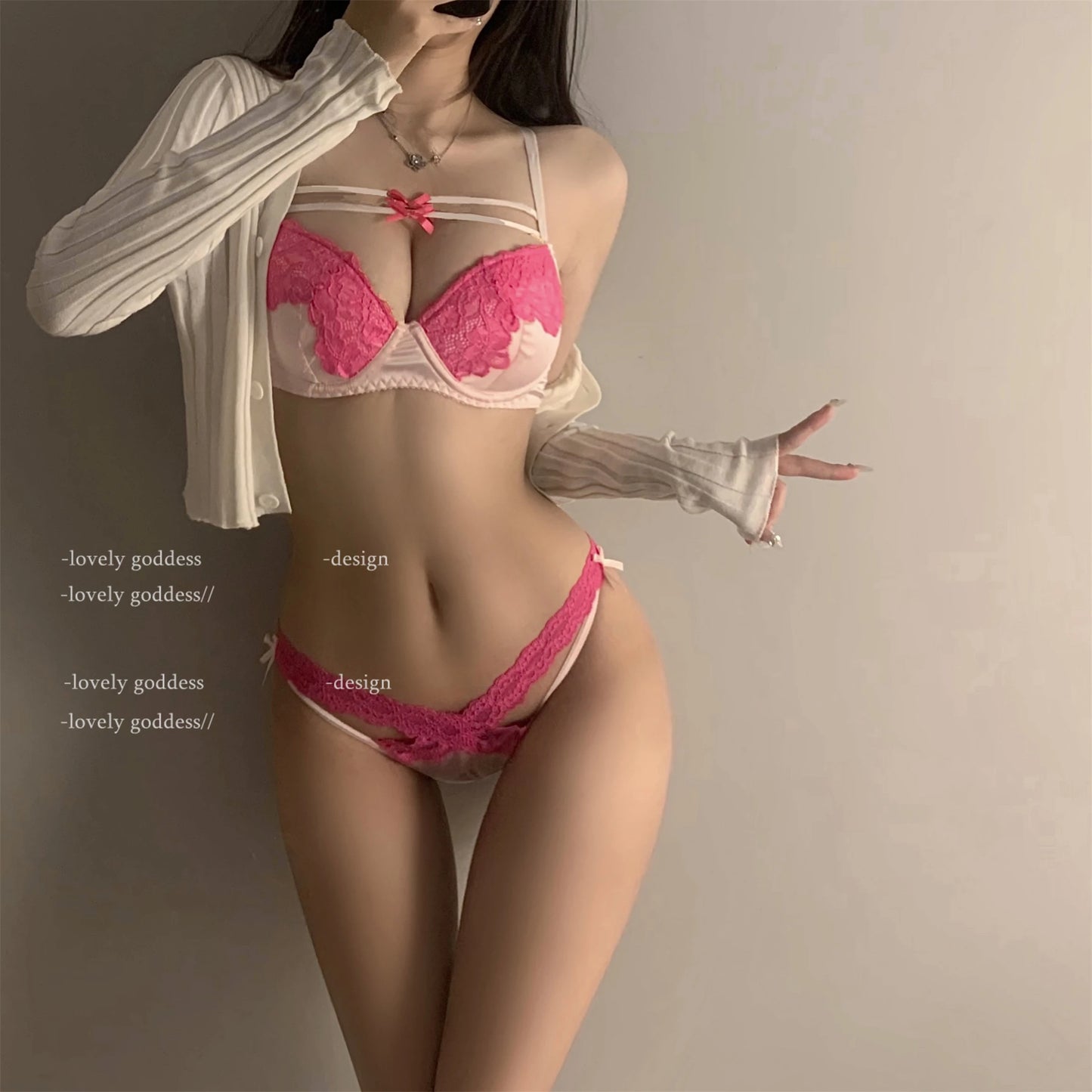 YUQI Push-Up Lace Bra Set with Bow Detail