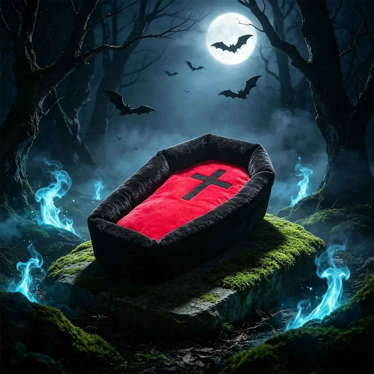 Gothic Coffin Pet Bed Mat with Red Cross Accent